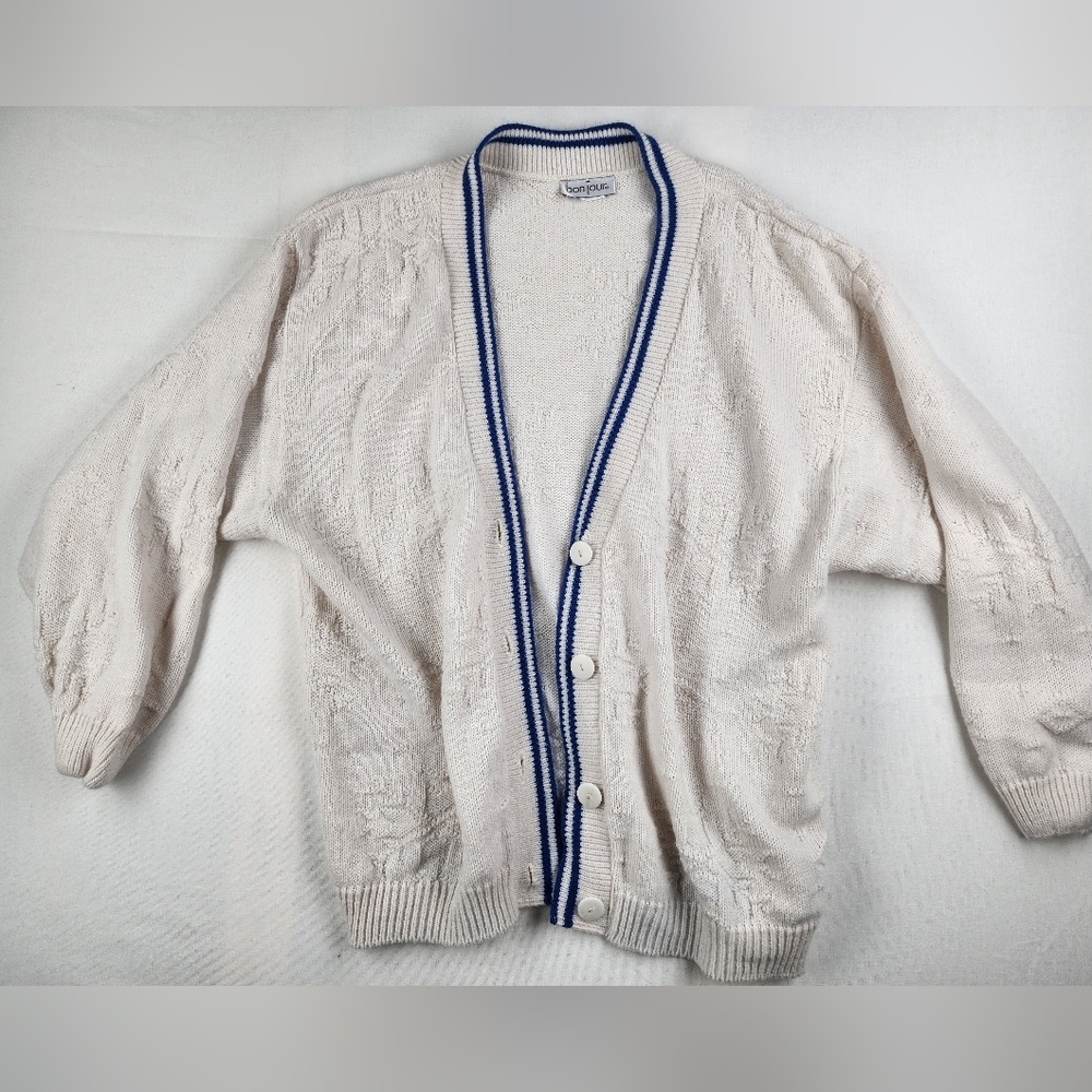 Vintage White Snowflake Sweater Varsity Style Blue Stripe Buttons Bon Jour